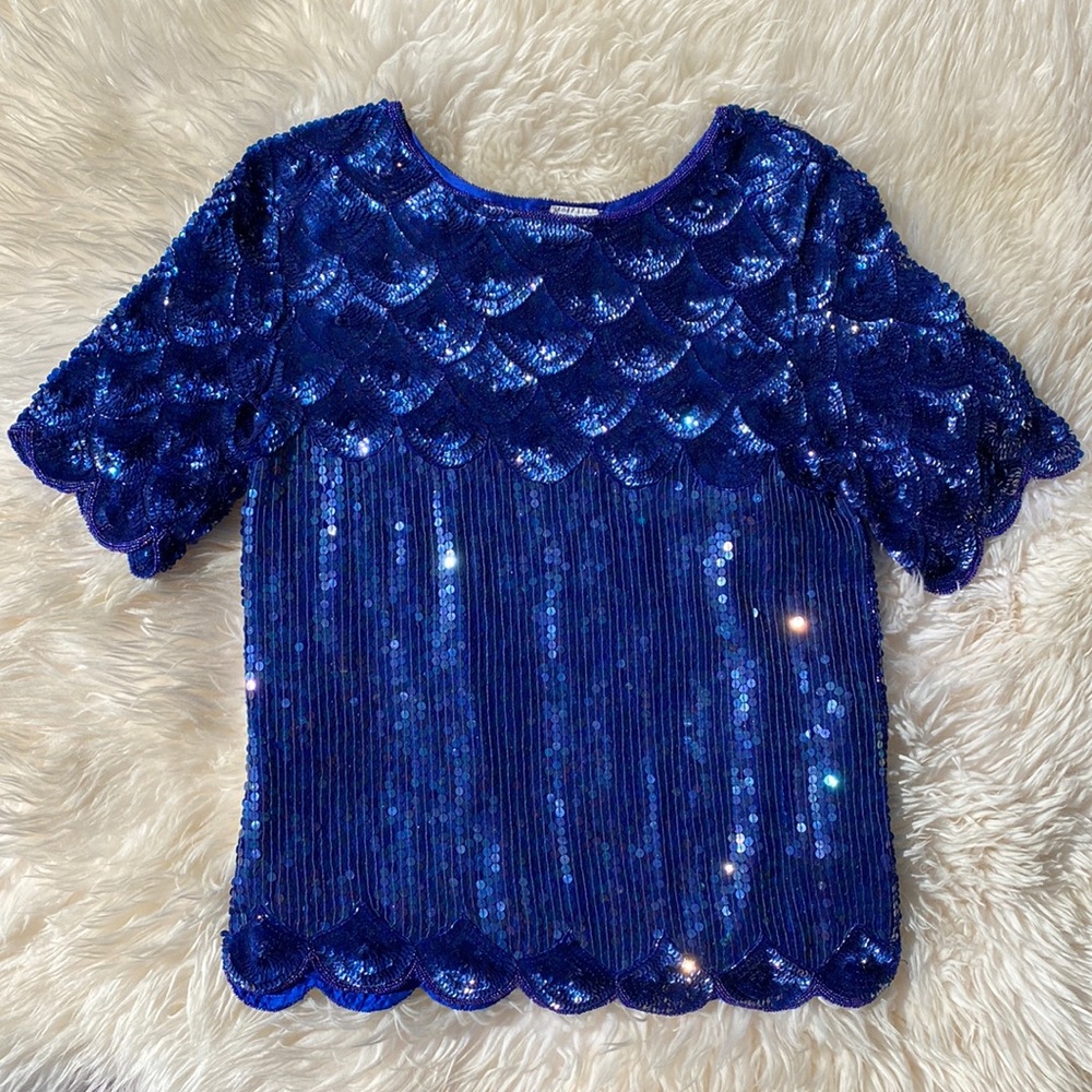 •vtg• 80s Silk Sequined {azure} Holiday Party Top